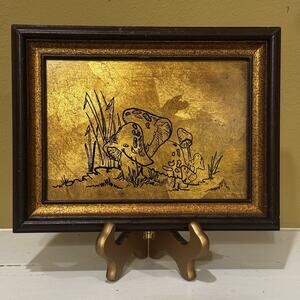 Mushrooms Gold Tin Foil Sketch Art Country Farm Wood Framed Vintage Retro Decor
